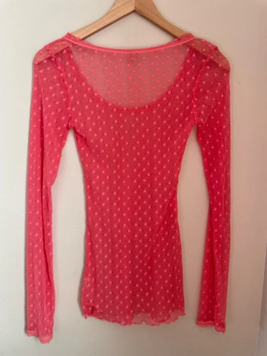 Free People Sheer Pink Polka Dot Lace Long Sleeve Top Size XS Boho Y2K indie - Picture 9 of 11